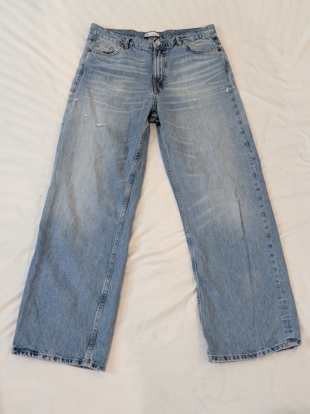 Zara Light Blue High Rise Distressed Straight Wide Leg Jeans Size 10